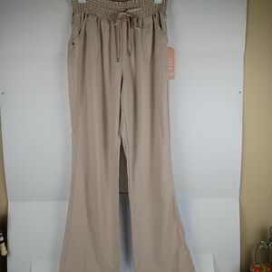 Ci Sono Linen Pants size L Women Wide Leg Loose Elastic Waist Beige Tan